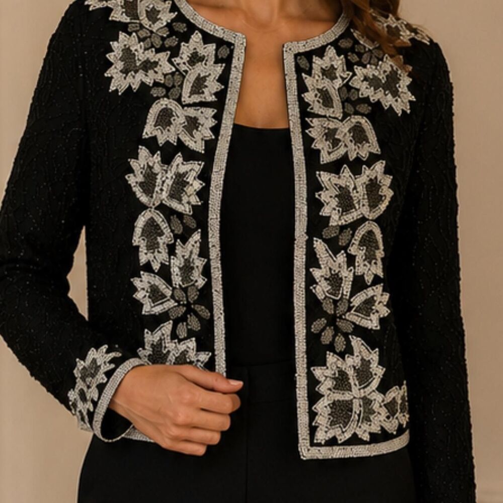 Night Vogue Vintage Women's Black and White Beaded Floral Glamour Jacket, Size M
